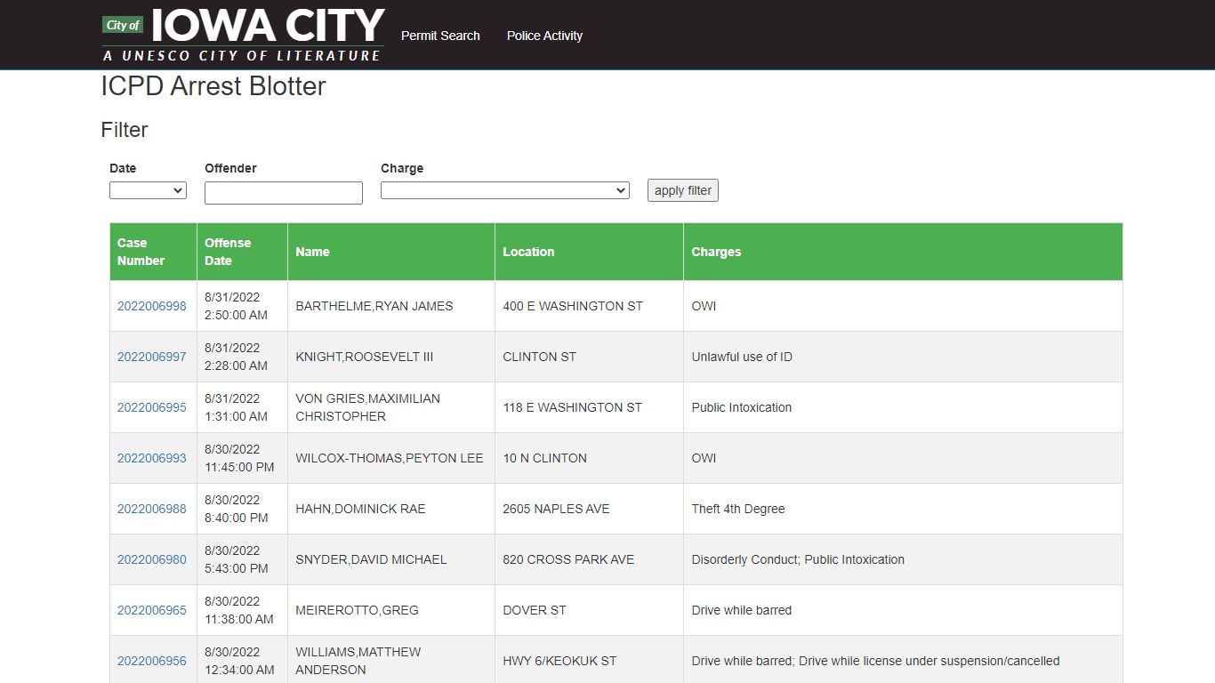 ICPD Arrest Blotter - ICGov Apps - iowa-city.org